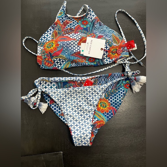 Red Carter Bikini Set Womens Medium NWT Ocean Print‎ Tasstles Full Coverage - Picture 6 of 7